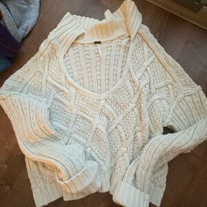 Free People Cream V-Neck Cable Knit Sweater